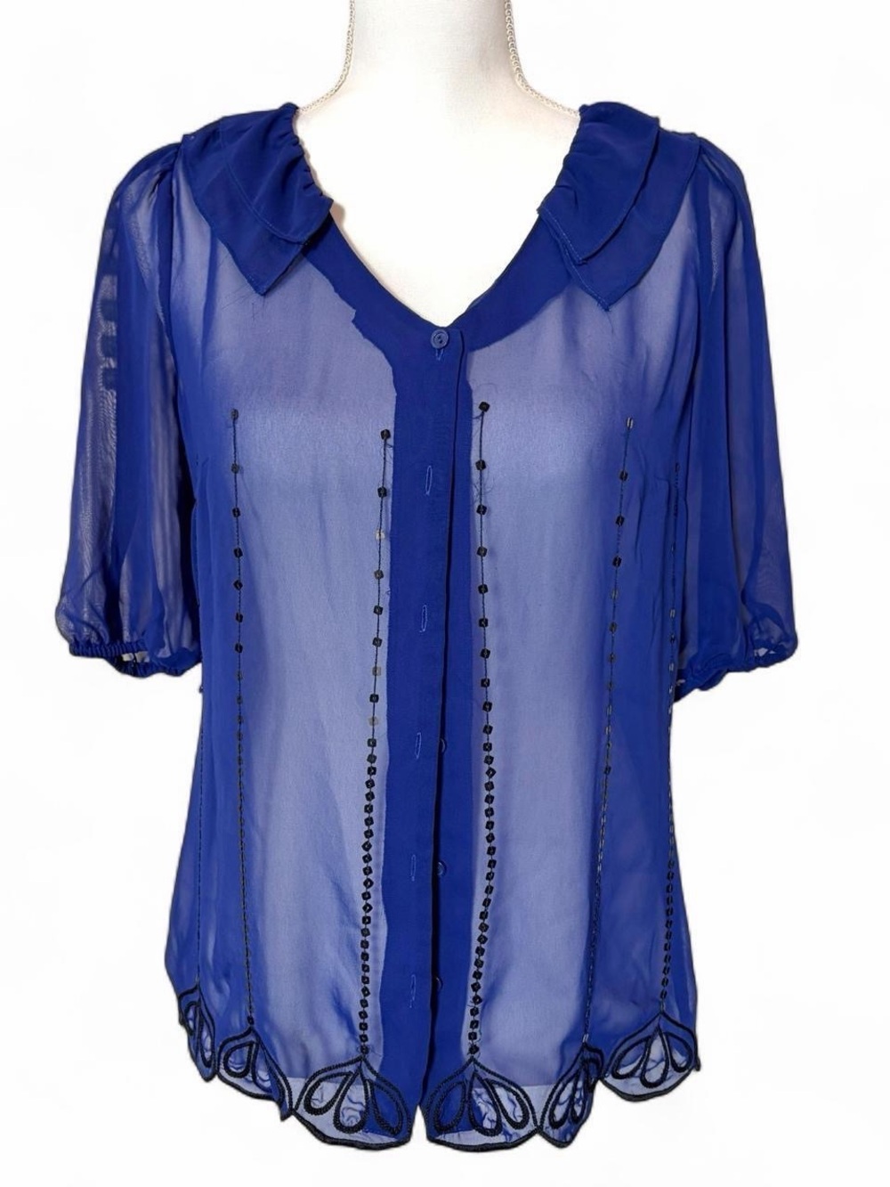 East 5th Royal Blue Sheer Embellished Sequin Blouse Size M